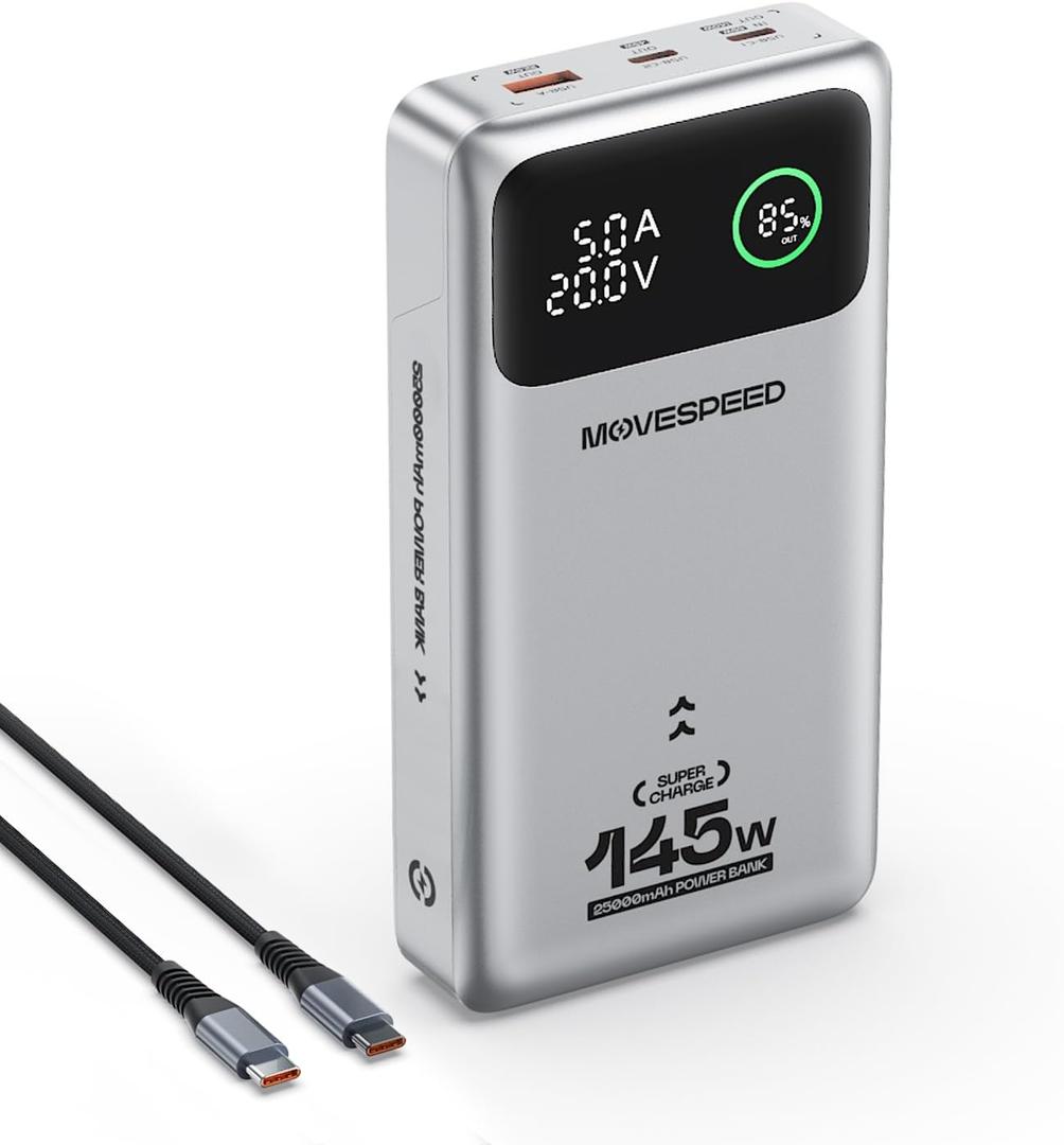 MOVE SPEED 145W Laptop Power Bank, PD 3.1 25,000mAh Fast Charging Portable Charger with 240W Type C Cable, USB C 3-Port with Digital Display Travel Outdoor Charger for iPhone, Dell, MacBook, Galaxy