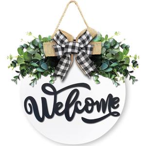 3D Front Door Welcome Wreath - Farmhouse Welcome Sign for Front Door - Vertical Concave Stripes Wooden Front Door Wreaths for Home Decor(Black) - Housewarming Gift (Black Welcome)