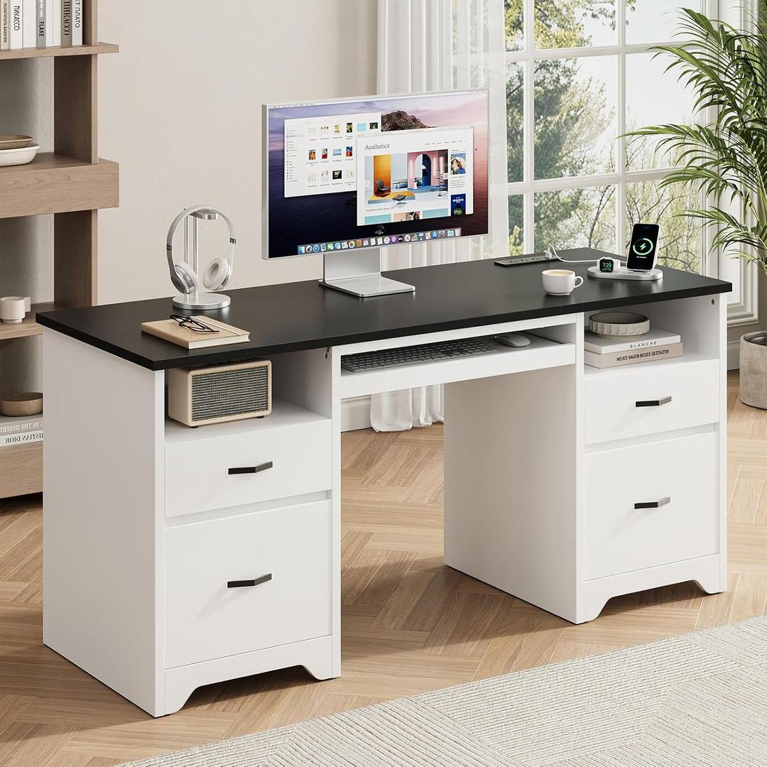 Bestier 59 Computer Desk with 4 Drawers, Office Desk with Storage, Modern Executive Desk with Charging Station, Keyboard Tray & Wooden Pedestals on Both Sides for Home Office & Studio, White
