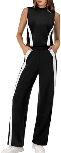 XIEERDUO Two Piece Sets for Women Summer Outfits Travel Mock Neck Lounge Sets Wide Leg Pants Beach Vacation Clothes S