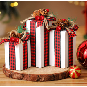 Glenmal 3 Pcs Christmas Table Centerpieces Xmas Wood Gift Boxes Decor Rustic Faux Present Blocks with Bow Ribbon for Holiday Tree Tiered Tray Decoration(Red Green White,Buffalo Plaid Style)