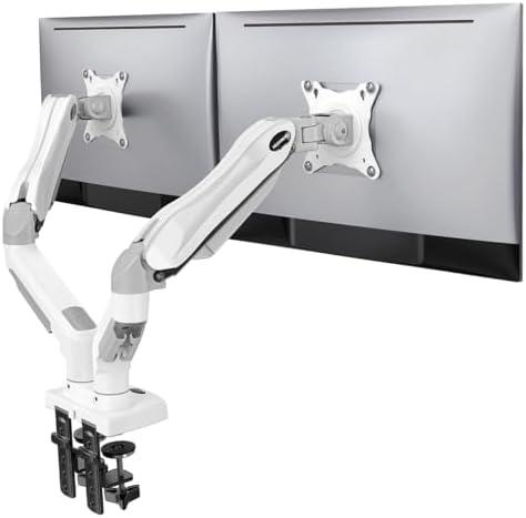 HUANUO Dual Monitor Stand - Full Adjustable Monitor Desk Mount Swivel Vesa Bracket with C Clamp, Grommet Mounting Base for 13 to 32 Inch Computer Screens - Each Arm Holds 4.4 to 19.8lbs - Whtie