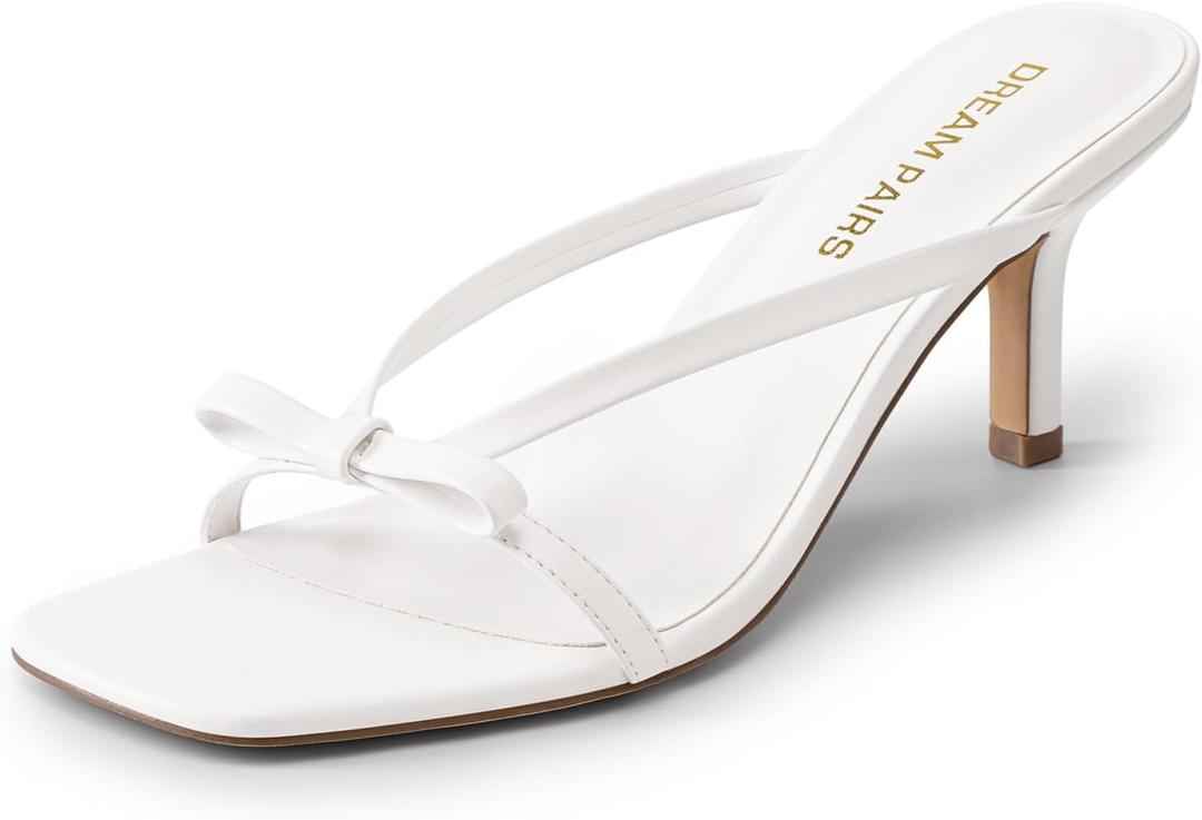 DREAM PAIRS Women’s Bow Heels – Kitten Heel Mule Sandals, Square Toe Strappy Slip On Dress Heels, Elegant Bridal Wedding Party Formal Shoes for Special Occasions, Size 6.5, White