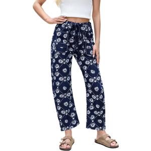 Kedera Women Printed Barrel Jeans High Waist Drawstring Denim Pants Wide Leg Printed Horseshoe Jeans with Pockets (Blue)