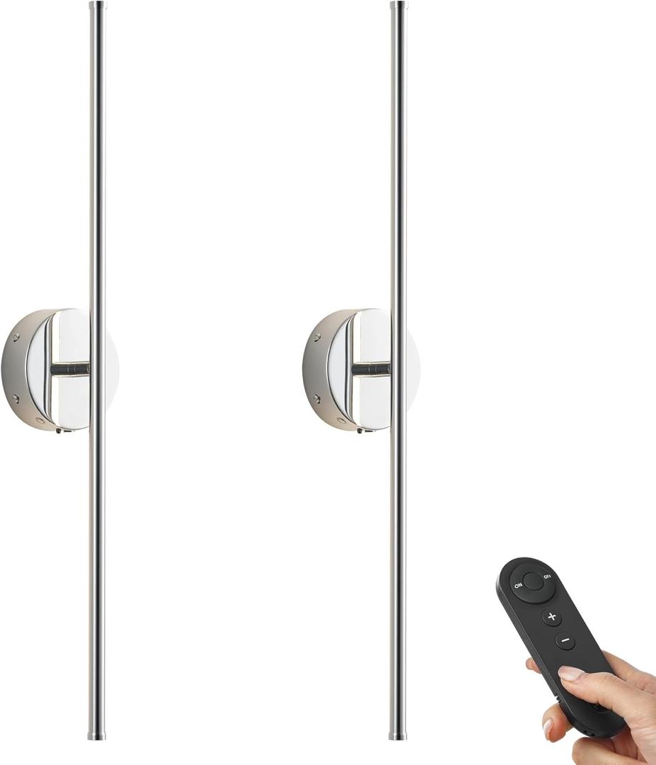 Battery Operated Wall Sconces with Remote Control, Dimmable Wall Sconces Set of Two, 350Rotate, 3000K LED Chrome Wireless Wall Light for Living Room, Bedroom,Hallway, 32.2 Inch (2 Pack)