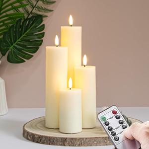Flickering Flameless Pillar Candles with Remote Control and Cycle Timer,Ivory Pack of 4 Battery Operated(Powered by 2AA) LED Real Wax Tall Fake 3D-Wick Electric Candles(D 2.2 x H 4,6,8,10)