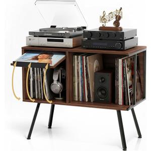 Faesun Record Player Stand with Flip-Down Record Shelf, Walnut, 2-tier