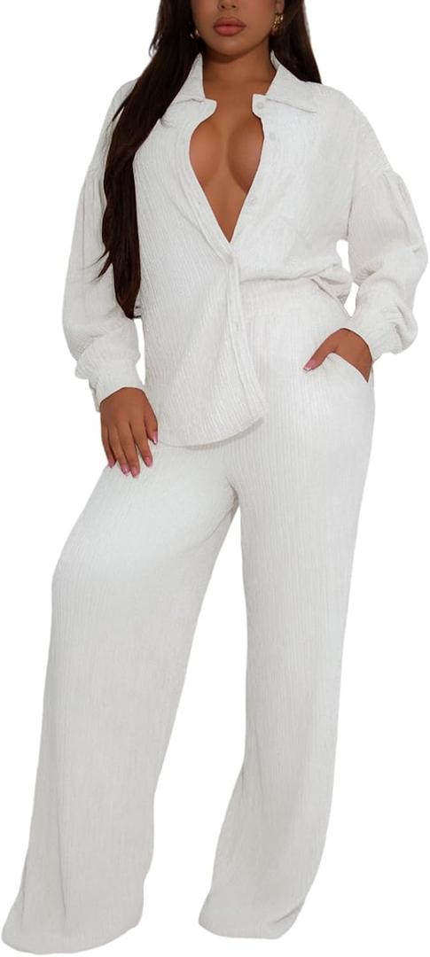 Elainone Women's 2 Piece Outfits Button-Down Shirt Long Sleeve and Flare Pleated Wide Leg Pant Sets With Pocket (Beige, XXL)