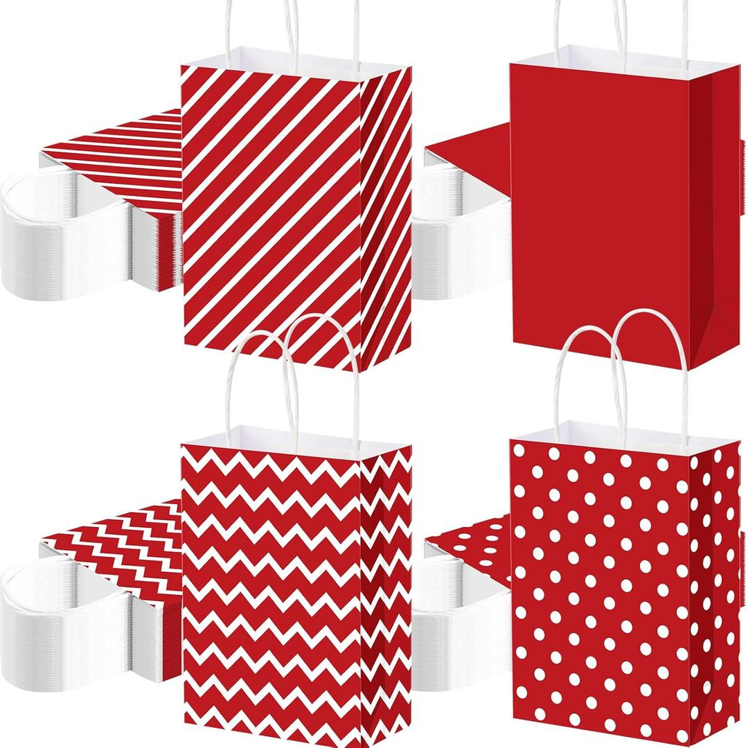 AmazingSpark 100 Pieces Valentines Day Gift Bags with Handle Red Treat Candy Goodie Bags with Stripe Polka Dot Wave Patterns for Mothers Day Party Favors Gift Wrapping Stylish