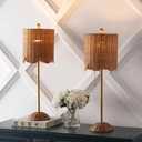 JONATHAN Y JYL1138B-SET2 Celerie 27.5" Coastal Bohemian Rattan/Iron Scalloped Buffet LED Table Lamp with Pull Chain Bedroom, Living Room, Office, Dining Room, Brown/Brass Gold (Set of 2)