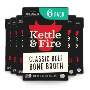 Kettle and Fire Classic Beef Bone Broth, Keto, Paleo, and Whole 30 Approved, Gluten Free, High in Protein and Collagen (6 Pack) (EXP 11/19/26)