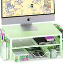 Desk Organizers and Accessories, 2-Tier Computer Monitor Stand Riser with Drawer and 2 Pen Holders, Laptop Stand, Office Desk Accessories for Office Supplies, Green
