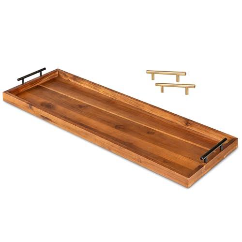 Large Acacia Serving Board with Metal Handles, 36 x 12 Inch Rectangular Charcuterie Board, Natural Wood Server Platter for Meat, Cheese Boards, and Party Appetizers, Extra Long Wooden Tray, 3ft