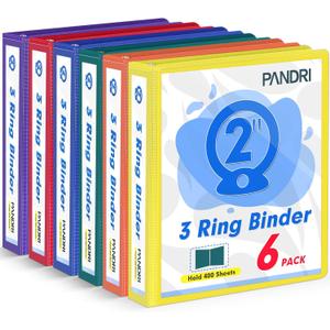 3 Ring Binder 2 Inch, PANDRI 6 Pack 2-Inch Binder Fits Letter Size 8.5'' x 11'' Paper, Versatile Binders for Office Home School, 2 Pockets, Assorted 6 Color