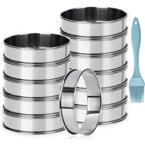 12 Pack 4 Inch Metal English Muffin Ring Nonstick Crumpet Rings Stainless Steel Double Rolled Tart Molds with Silicone Brush for Kitchen Baking