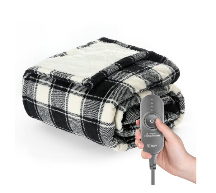 Sunbeam Microplush Sherpa Electric Heated Throw Blanket-Black/White Plaid 60×70"