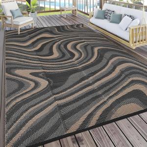 Patio Modern Abstarct Outdoor Rug 10x14 Waterproof Large Reversible Camping Mat Foldable Lightweight Plastic Straw Outdoor Rug for Deck, Camper, Balcony, Beach, Rv，Black/Gray/Brown