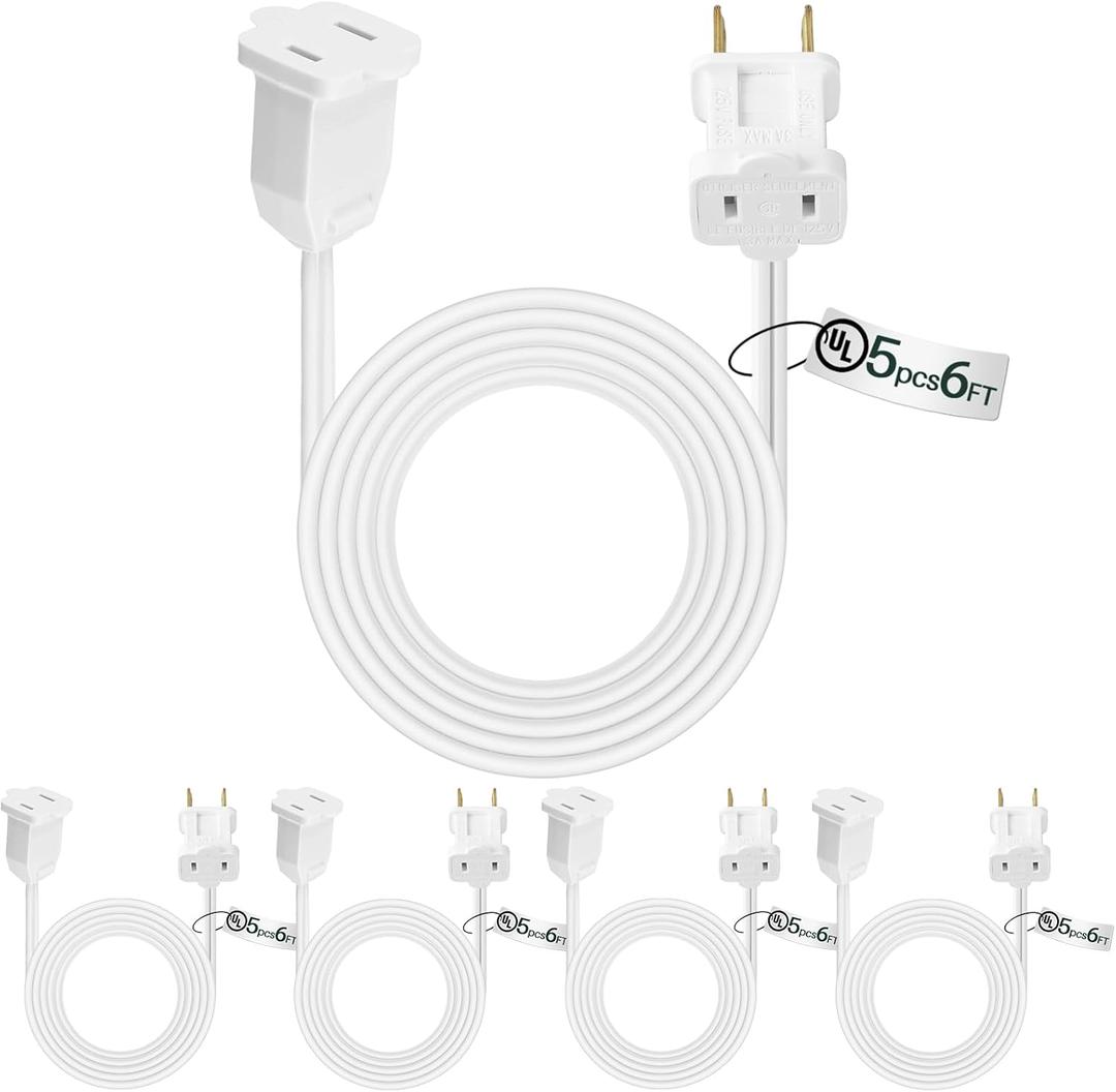 Kanayu 5 Pack 6 ft White UL Extension Cord 2 Prong Indoor Outdoor Christmas String Lights Extension Cord Extender Wire Plug in and End Ac 125 Volts for Connect Extend Lights