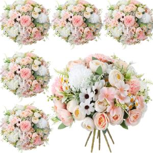 Tigeen 6 Bundles Artificial Bouquet Flowers Artificial Peonies Faux Roses Hydrangea Flowers Bouquet for Wedding Table Centerpiece Floral Vase Decor (White, Pink)