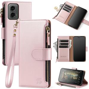 Compatible with Motorola Moto G 5G 2024 Wallet Case with Card Holder,Women Men RFID Blocking PU Leather Flip Cover Wrist Strap Zipper Credit Card Slots,Phone Case for Moto G 5G 2024,RoseGold