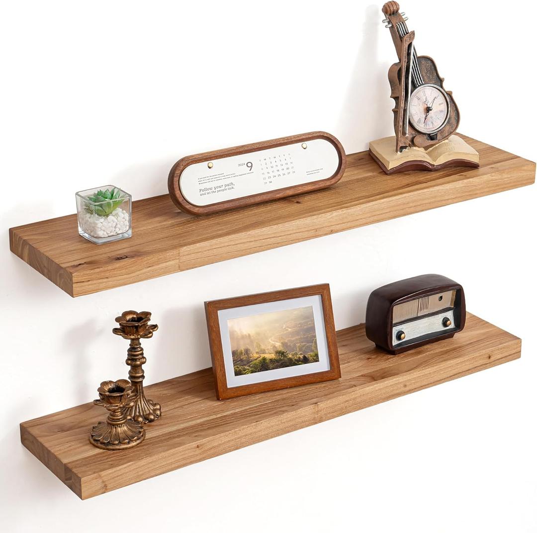 Floating Shelves for Wall, 8" Deep Elm Wood Shelves, 32in Set of 2, Natural, Flat Edge, 32inch, 2Packs