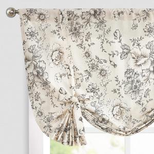 jinchan Tie Up Valance Curtain Floral Linen for Windows Farmhouse Valance 45 Inch Botanical Short Window Treatment Adjustable Length for Kitchen Living Room Light Filtering 1 Panel Black on Linen