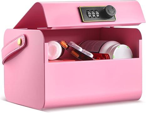 Honeydak Locked Medicine Box for Medication Safe Lockable Metal Storage Box Fridge Snacks Food Phone Container with Combination Code for Personal Private Items Home Dorms Office Organization(Pink)