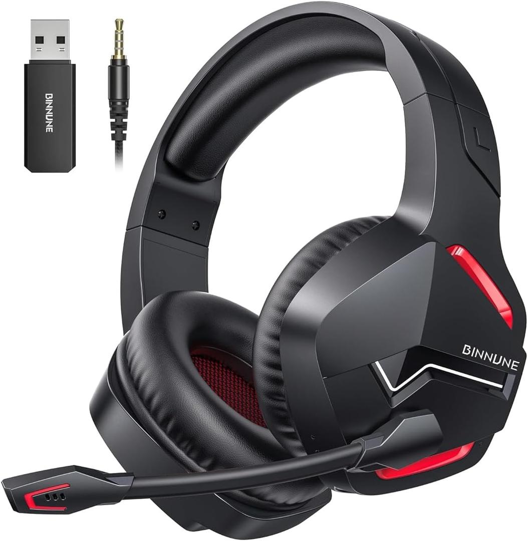 BINNUNE Wireless Gaming Headset for PS5 PC, 120H UltraLong Battery, 2.4GHz & Bluetooth 5.3 Wireless Headphones with Noise Canceling Mic, 50mm Drivers, Comfort Over Ear Headphones, Black