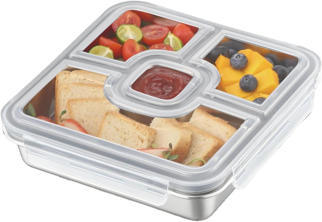 BEFOY Stainless Steel Snack Containers with Lids 1 Pack Lunchable Meal Prep Containers Reusable Meal Prep Lunch Containers for Adult Divided Stackable Bento Lunch Box for Home Travel (1, Gray, Large)