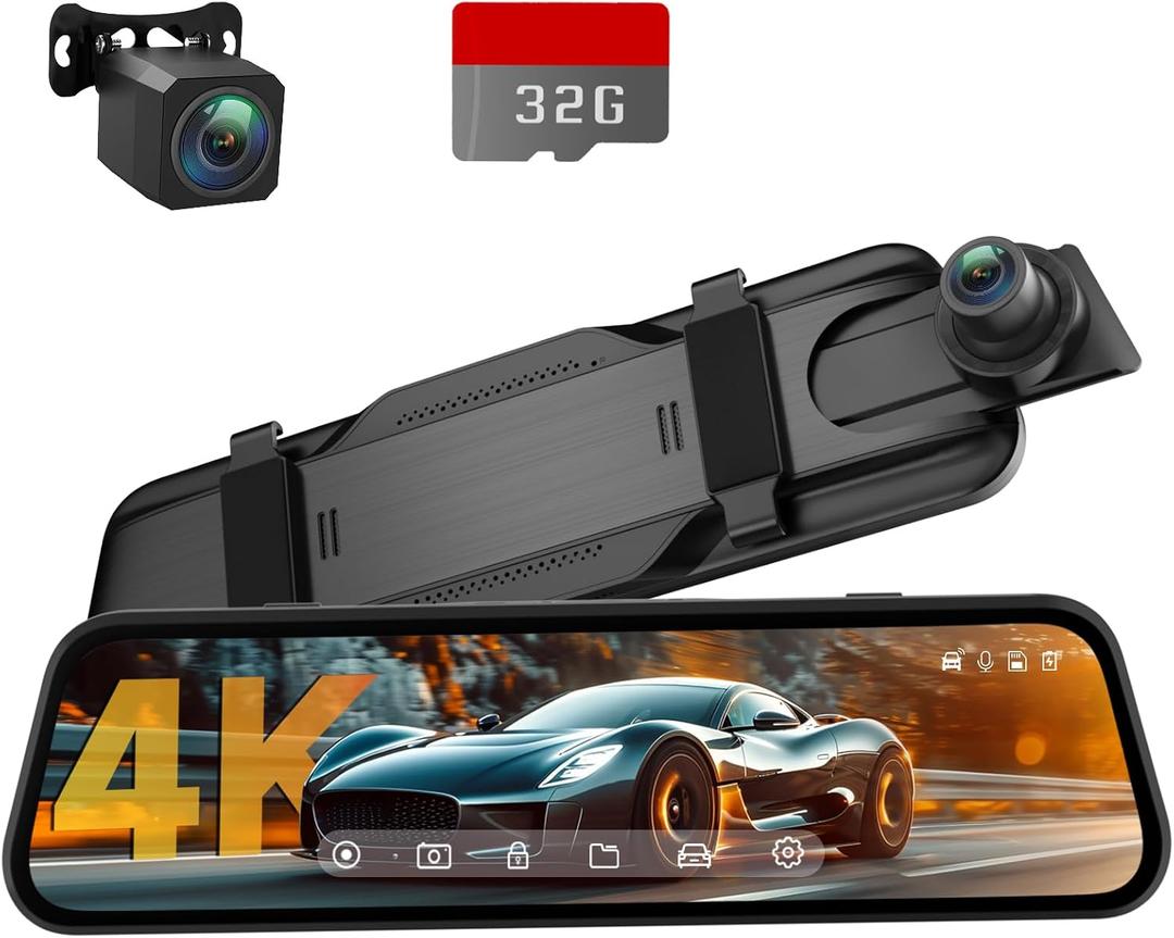 4K Rear View Mirror Camera, 10'' 4K Mirror Dash Cam with 1080P Backup Camera, Dash Cam Front and Rear for Car with Voice Control, 24H Parking Mode, Night Vision, 32GB SD Card Included (Black)