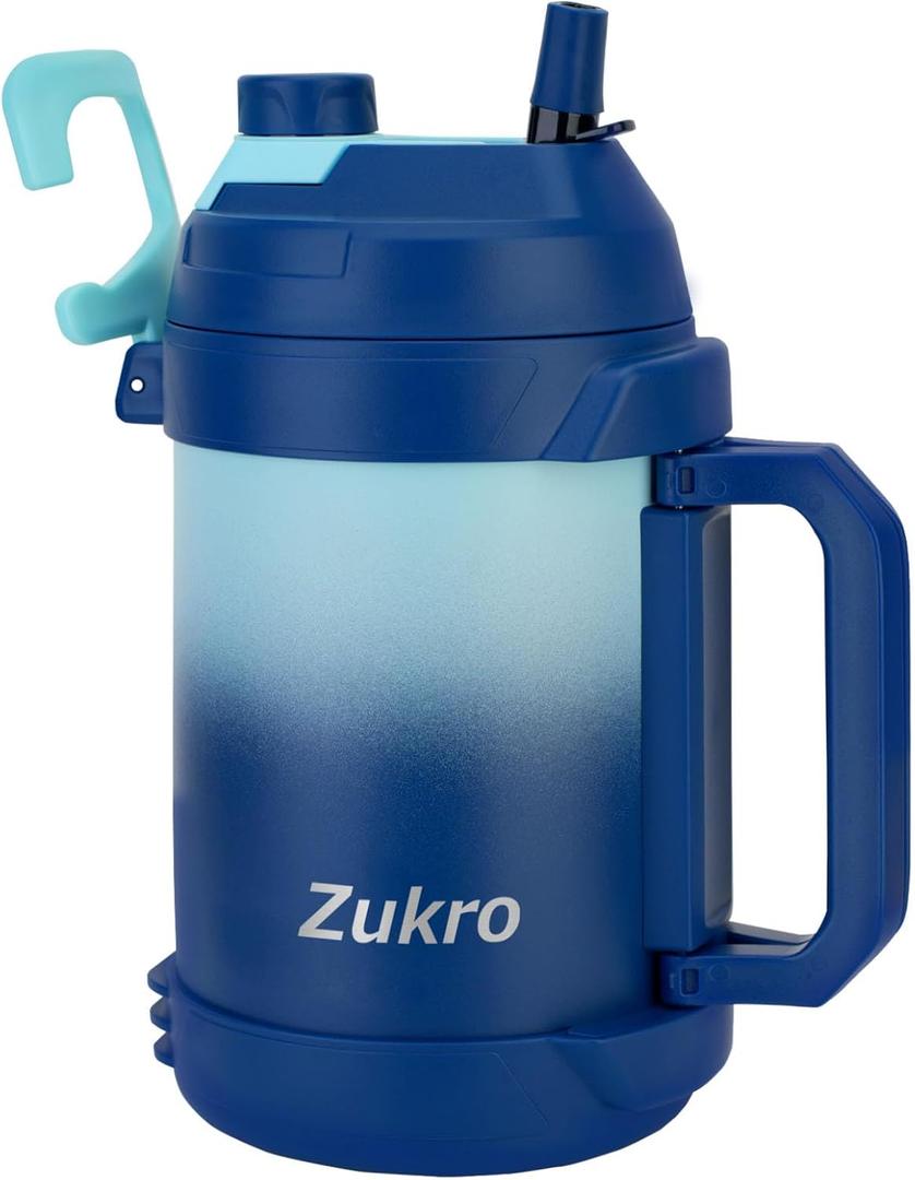 Zukro 1 Gallon Water Jug, One Gallon Large Triple Wall Insulated Metal Jug With Straw and Spout, No Sweat 128 oz Stainless Steel Sport Water Bottle Keeps Cold 48 Hours for Outdoors (Bluewave)