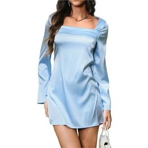 HYPERFIRE Women's Elegant Sqaure Neck Satin Long Sleeve Mini Dress Wedding Cocktail Dresses Size M
