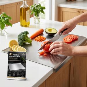 Stainless Steel Cutting Board for Kitchen Metal Titanium Chopping Baking Mat Extra Large Tablas Para Picar Cocina with Lip Marble Stone Silicone Mat Counter with Knife Sharpener, 19.7"x15.7"