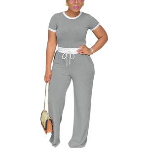 HTD Womens 2 Piece Outfits Casual Sweatsuits Set Short Sleeve Matching Sets Tracksuit (Large, Gray)