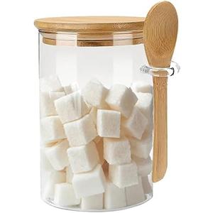 Glass Sugar Container with Spoon - 1 Pack 15oz Glass Jars with Bamboo Lid and Spoon, Bamboo Lid Storage Jar Containers for Coffee Beans, Spice, Brown Sugar, Tea, Flour, Nuts, Candy, Salts and More