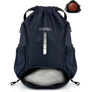 BROTOU Soccer Drawstring Backpack, Basketball Bag, Volleyball Football Bags with Ball and Shoe Compartment (Style 1, Navy Blue)