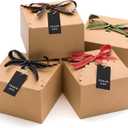 Brown Kraft Cookie Boxes with Ribbons & Tags (20 Pack) 5.8 x 3.7 Small Craft Gift Boxes for Baked Goods, Candy, Treats, Chocolate, Fudge, Christmas, Decorative Food Packaging, Empty, Bulk, Square