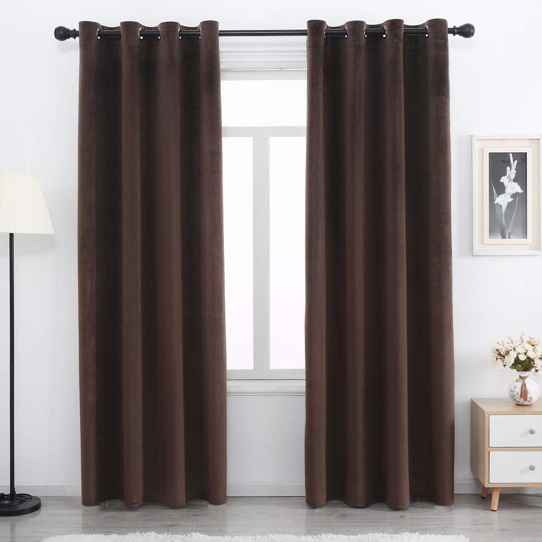 SPXTEX Brown Velvet Blackout Curtains 96 Inches Long - Light Blocking Grommet Window Panels Set of 2 - Heat Insulated Thermal Curtains for Bedroom