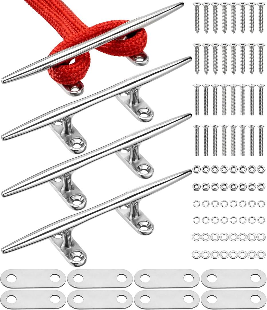 8"/10"/12" Boat Cleats, 316 Stainless Steel Open Base Marine Dock Rope Cleats with Backing Plates and Two Types Screws, Compatible with Kayak, Yacht, Pontoon, Nautical Decor