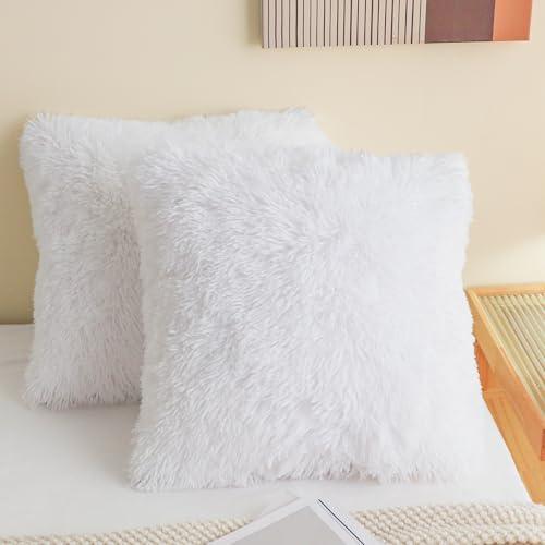 HAIHUA Faux Fur White Throw Pillow Covers, Fluffy Soft Fuzzy Decorative Pillow Cases Cute Pillowcases for Home Bedroom Living Room, Zipper Closure, Set of 4 (White, 18"x 18")