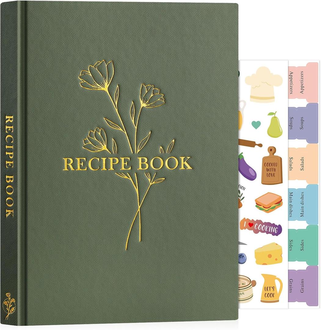 Lanpn Blank Recipe Book Cookbook to Write in Your Own Recipes, Waterproof B5 Empty Cooking Journal for 120 Recipes, Leather Cover Recipe Notebook with Stickers to Organize Your Family Recipes, Green (Large (7 x 10 inch))