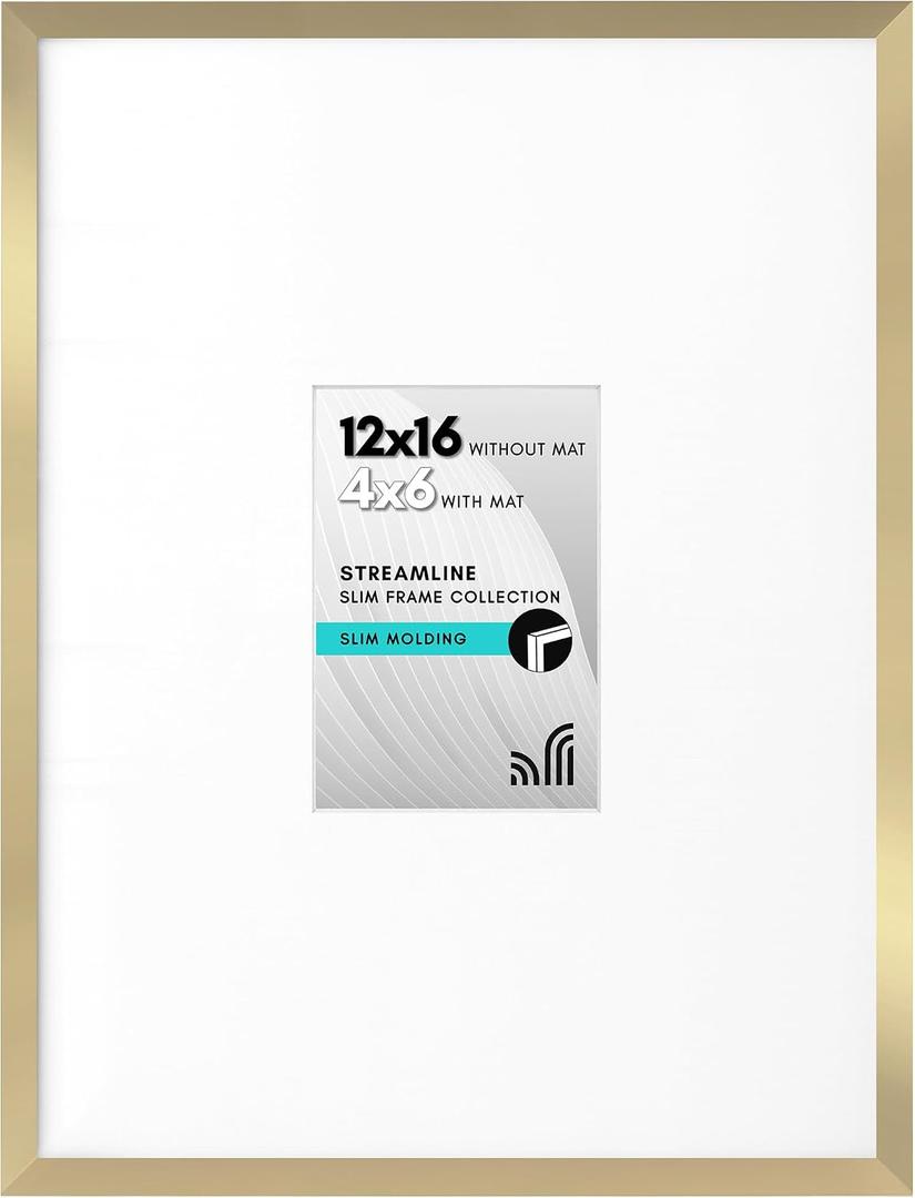 Americanflat 12x16 Picture Frame - Matted to 4x6 - Slim Molding - Gold, 12x16 with 4x6 Mat