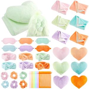 36 Pcs Sleepover Party Supplies for Girl Spa Slumber Birthday Favors Throw Blanket Pillow Eye Mask Headband Scrunchies (Solid Color,Macron Color)