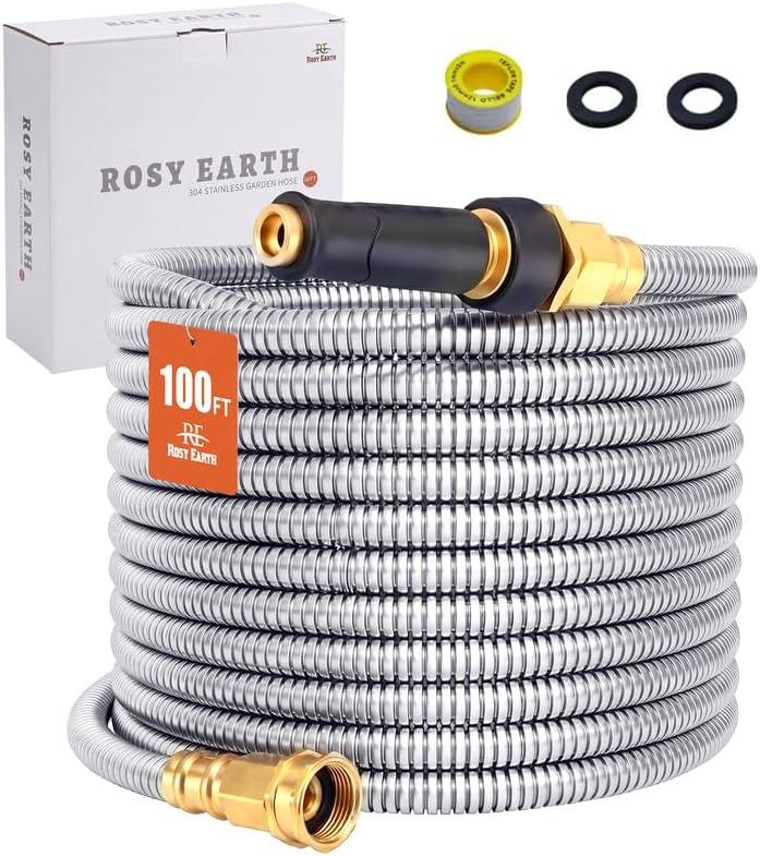 Stainless Steel Garden Hose 100 FT, Heavy Duty Expandable Water Hose, No-Kink, No Bite, Flexible Garden Hoses for Yard, RV, Car