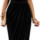 Off The Shoulder Vintage Velvet Bodycon Midi Dress for Women Wrap Slit Elegant Cocktail Party Evening Pencil Dress (Large, Black)
