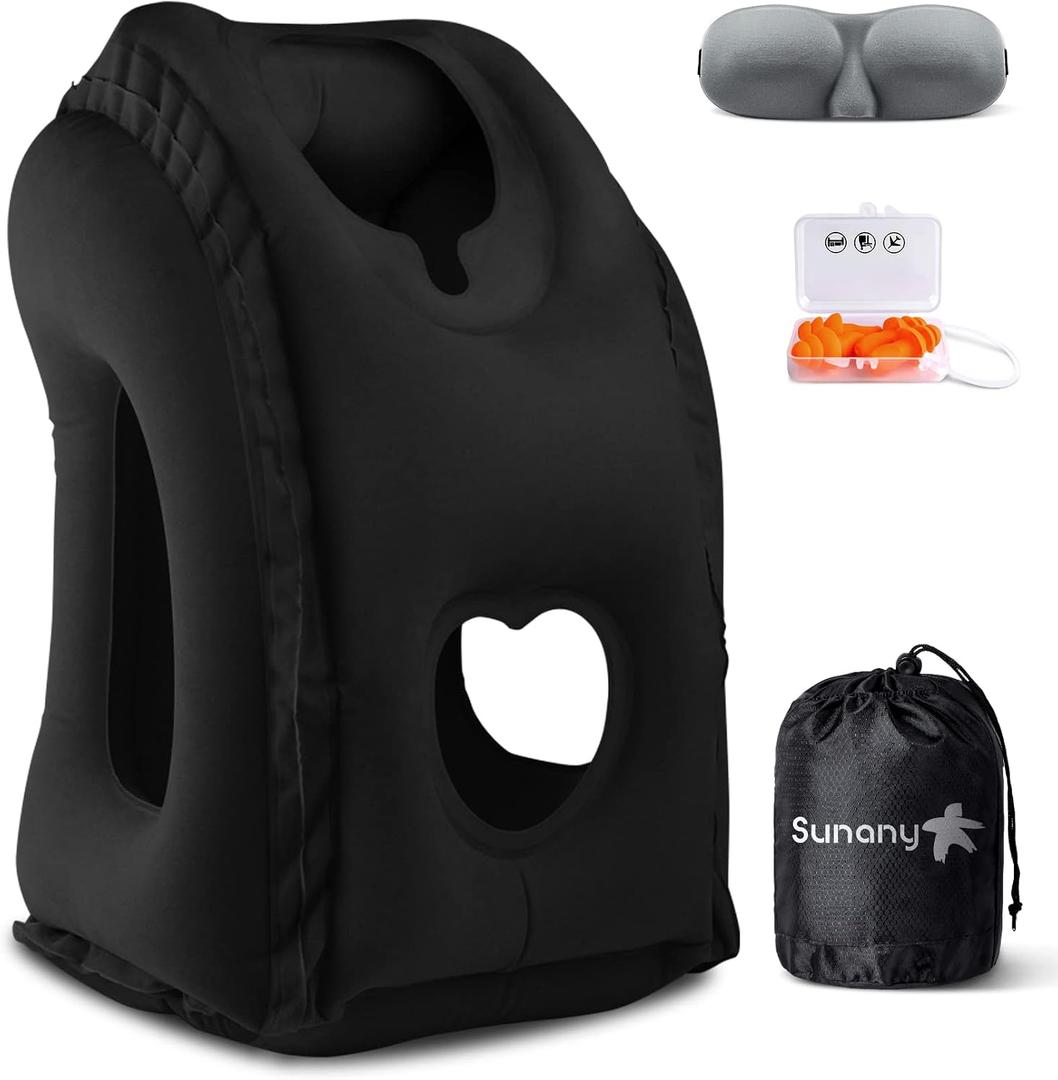 Sunany Travel Pillow, Inflatable Neck Pillow Used for Airplanes/Cars/Buses/Trains/Office Napping with Eye Mask/Earplugs (Black)