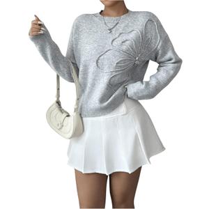 Women's 3D Floral Appliques Crewneck Sweaters Long Sleeve Drop Shoulder Pullovers Elegant Knit Tops (Grey) S