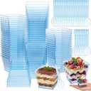 Mifoci 50 Sets Dessert Cups with Spoons, Square Disposable Plastic Parfait Bowl, Elegant Clear Dessert Cups for Fruit Ice Cream for Wedding Bridal Shower Baby Shower Graduation Birthday (3.5 oz,Blue)