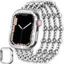 Stainless Steel Beaded Bracelet & Case for Apple Watch Band 40mm, 38mm, 41mm Women, Handmade Dressy Cute iPhone Watch Bands Stretchy Fashion Straps for iWatch Series 9 8 7 6 5 4 3 2 1 SE (A-Silver Band + Silver Case (No Screen Protector))