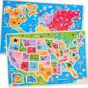 Montessori Mama Wooden Puzzles for Kids Ages 4-6, USA States and Capitols, World Continents and Oceans, Combo Set 2 Toddler Puzzles